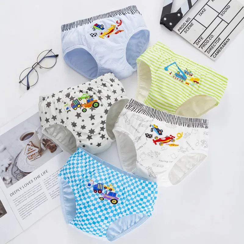 Color: Beige, Kid Size: 2T - 5 Pcs/Lot Children Underwear Boys Comfortable Cotton Kids Triangle Underpants Car Cartoon Briefs For Boys Aged 2 To 14