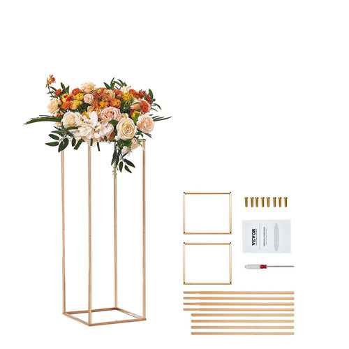 2PCS 31.5inch High Wedding Flower Stand, Metal Vase Column Geometric Centerpiece Stands, Gold Rectangular Floral Display Rack for T-Stage Events Reception, Party Decoration Home