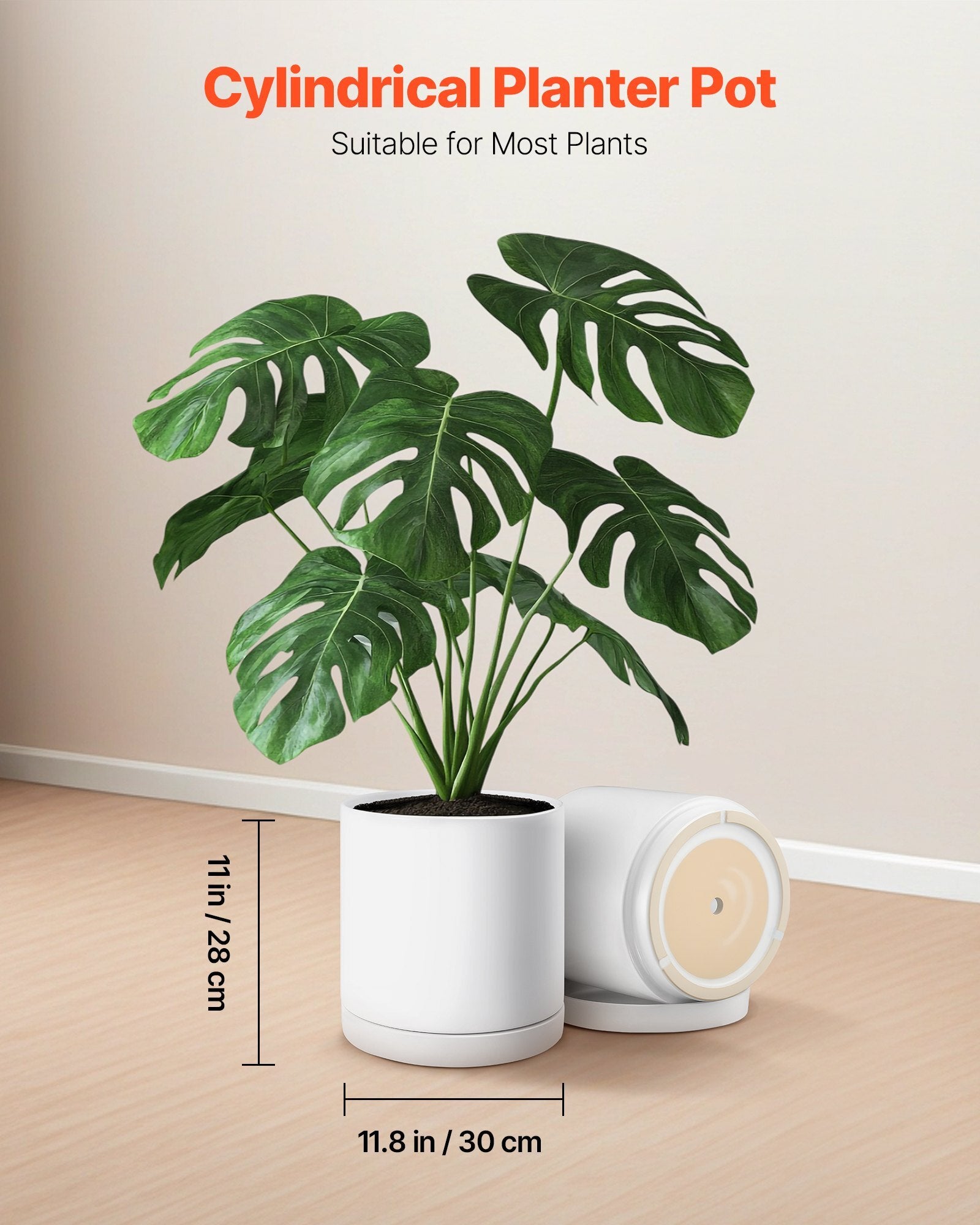 Plant Pot, 12-Inch Large Cylinder Planter with Drainage Holes, Non-Slip Pads & Detachable Saucer, Modern Ceramic Flower Pots, Indoor and Outdoor Tree Planter Pot, Home & Office Decorations