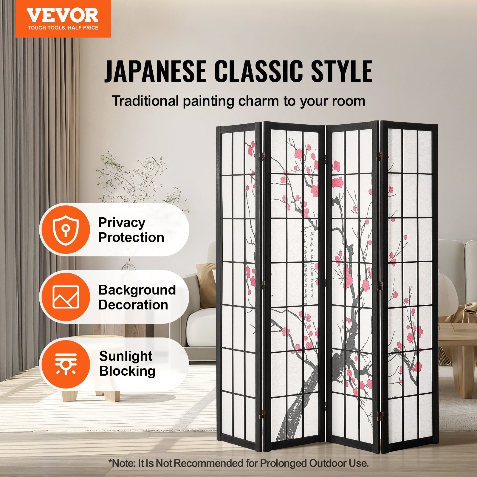 Room Divider, 4 Panel Japanese Room Divider Screen, Wood Folding Privacy Screen Indoor, Japanese Partition Portable Decoration Dividers, for Room Separation Home Office Restaurant & Bedroom