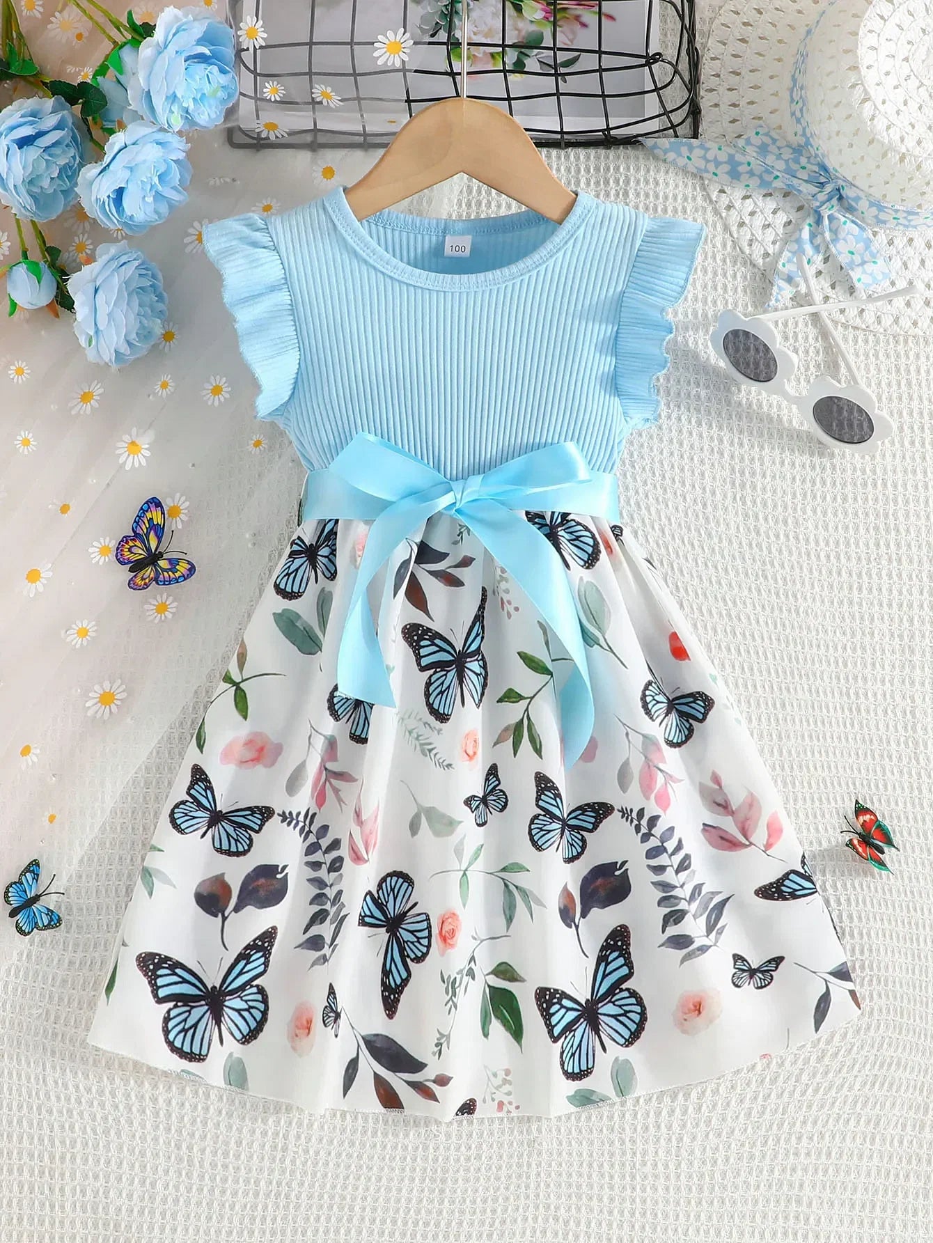 Color: Red, Kid Size: 7T - Set For Kids  Girl 3-7 Years old Ruffled Sleeve Butterfly Floral Tulle Cute Princess Formal Dresses with Belt Ootd For Baby Girl