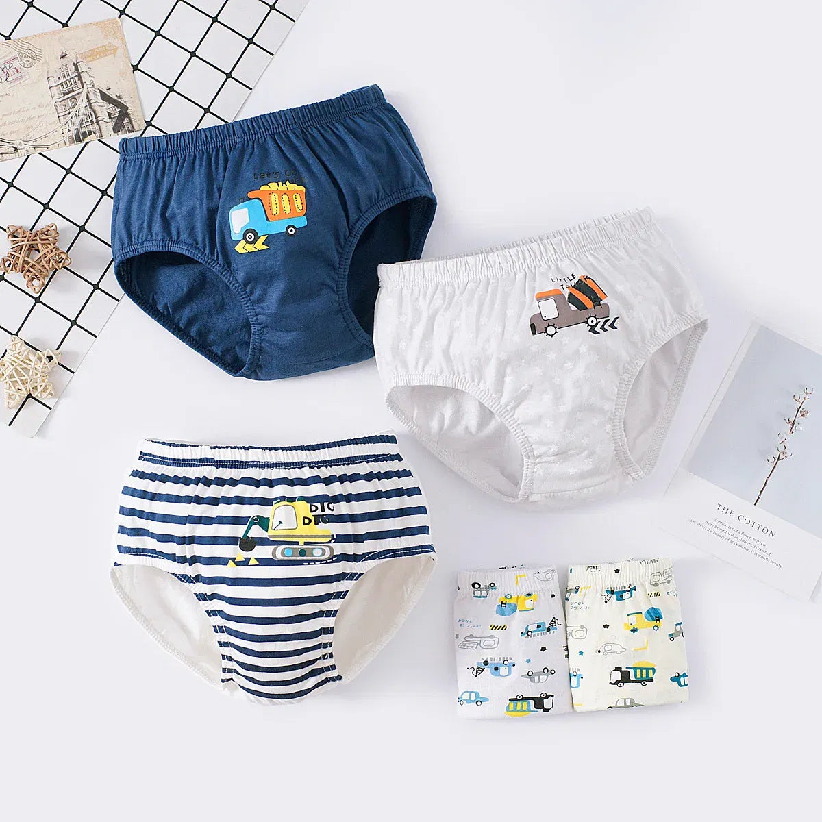 Color: Beige, Kid Size: 2T - 5 Pcs/Lot Children Underwear Boys Comfortable Cotton Kids Triangle Underpants Car Cartoon Briefs For Boys Aged 2 To 14