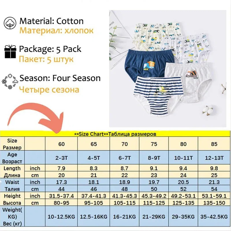 Color: Beige, Kid Size: 2T - 5 Pcs/Lot Children Underwear Boys Comfortable Cotton Kids Triangle Underpants Car Cartoon Briefs For Boys Aged 2 To 14