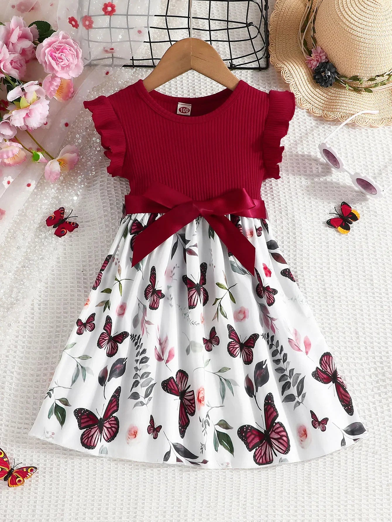 Color: Red, Kid Size: 7T - Set For Kids  Girl 3-7 Years old Ruffled Sleeve Butterfly Floral Tulle Cute Princess Formal Dresses with Belt Ootd For Baby Girl
