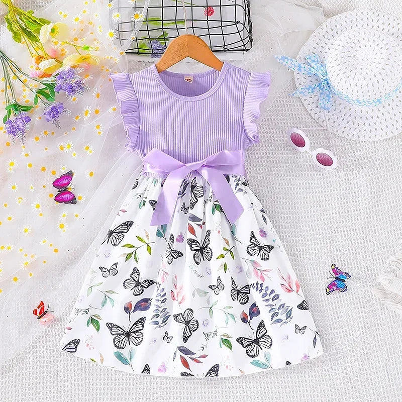 Color: Red, Kid Size: 7T - Set For Kids  Girl 3-7 Years old Ruffled Sleeve Butterfly Floral Tulle Cute Princess Formal Dresses with Belt Ootd For Baby Girl