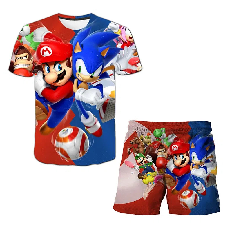 Color: Pink, Size: M - New Japanese cartoon Sonic T-shirt children's top T-shirt shorts two-piece set summer boy cartoon cute T-shirt+beach pants