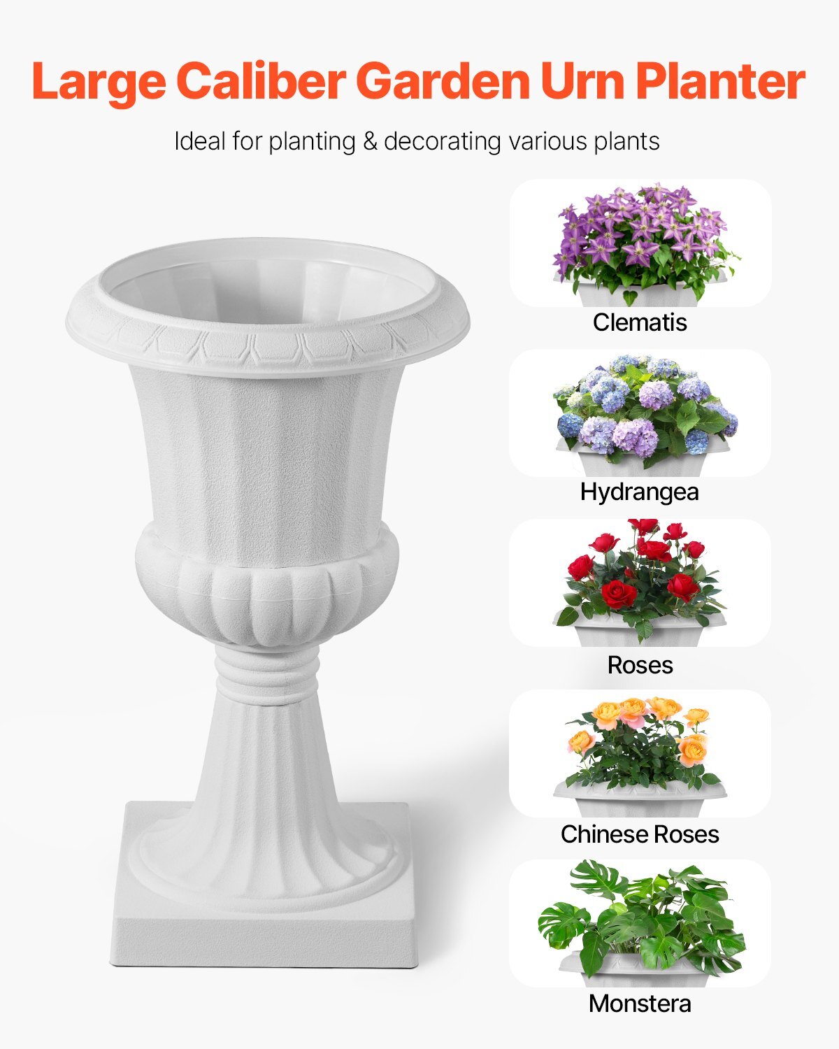 Plastic Urn Planters, 9.8 x 16.5 Inch, 2 Pack White Classic Flower Pots Front Porch Planters, Indoor & Outdoor Vase for Wedding, Party, Event, Home, Stage, Garden, Balcony, Patio Decoration