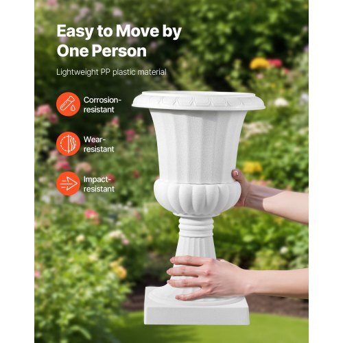 Plastic Urn Planters, 9.8 x 16.5 Inch, 2 Pack White Classic Flower Pots Front Porch Planters, Indoor & Outdoor Vase for Wedding, Party, Event, Home, Stage, Garden, Balcony, Patio Decoration
