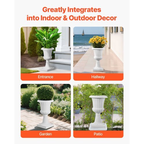 Plastic Urn Planters, 9.8 x 16.5 Inch, 2 Pack White Classic Flower Pots Front Porch Planters, Indoor & Outdoor Vase for Wedding, Party, Event, Home, Stage, Garden, Balcony, Patio Decoration
