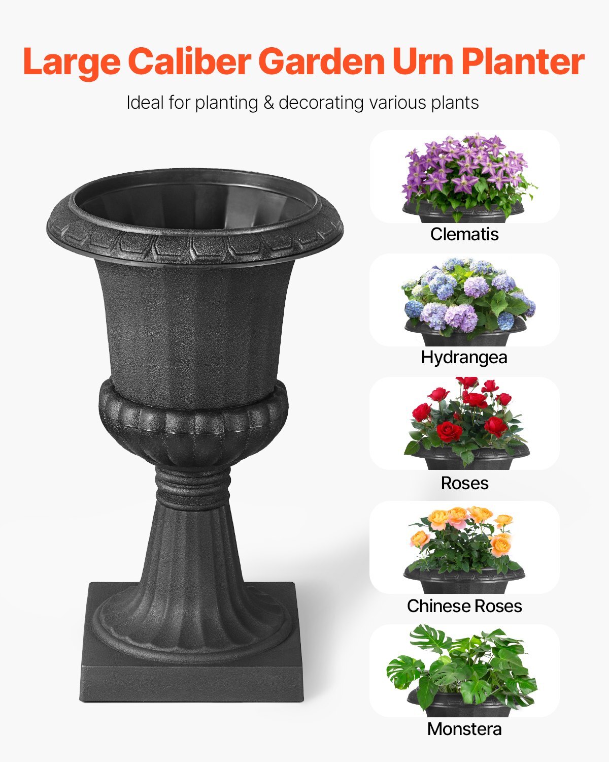 Plastic Urn Planters, 9.8 x 16.5 Inch, 2 Pack Black Classic Flower Pots Front Porch Planters, Indoor & Outdoor Vase for Wedding, Party, Event, Home, Stage, Garden, Balcony, Patio Decoration