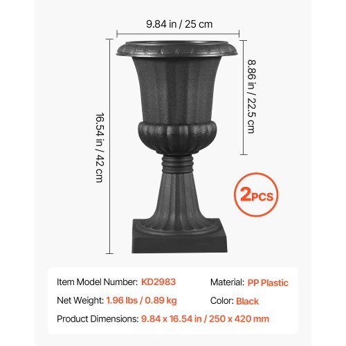 Plastic Urn Planters, 9.8 x 16.5 Inch, 2 Pack Black Classic Flower Pots Front Porch Planters, Indoor & Outdoor Vase for Wedding, Party, Event, Home, Stage, Garden, Balcony, Patio Decoration