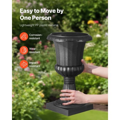 Plastic Urn Planters, 9.8 x 16.5 Inch, 2 Pack Black Classic Flower Pots Front Porch Planters, Indoor & Outdoor Vase for Wedding, Party, Event, Home, Stage, Garden, Balcony, Patio Decoration