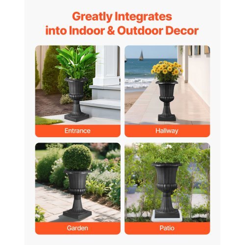 Plastic Urn Planters, 9.8 x 16.5 Inch, 2 Pack Black Classic Flower Pots Front Porch Planters, Indoor & Outdoor Vase for Wedding, Party, Event, Home, Stage, Garden, Balcony, Patio Decoration