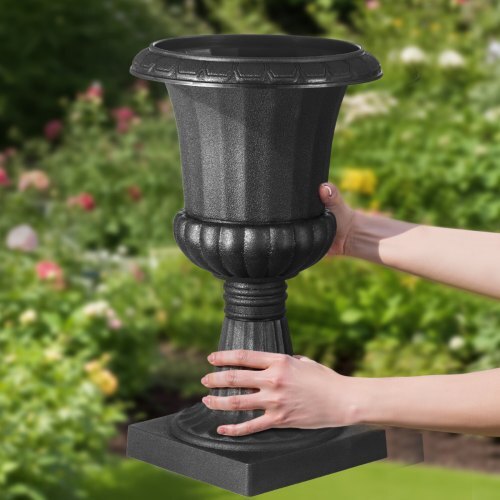 Plastic Urn Planters, 9.8 x 16.5 Inch, 2 Pack Black Classic Flower Pots Front Porch Planters, Indoor & Outdoor Vase for Wedding, Party, Event, Home, Stage, Garden, Balcony, Patio Decoration