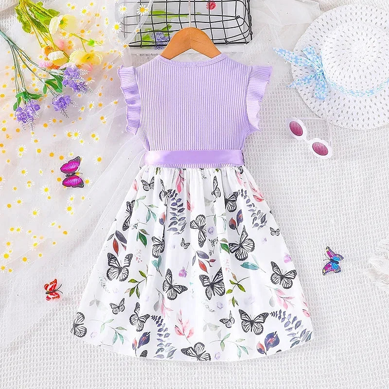 Color: Red, Kid Size: 7T - Set For Kids  Girl 3-7 Years old Ruffled Sleeve Butterfly Floral Tulle Cute Princess Formal Dresses with Belt Ootd For Baby Girl