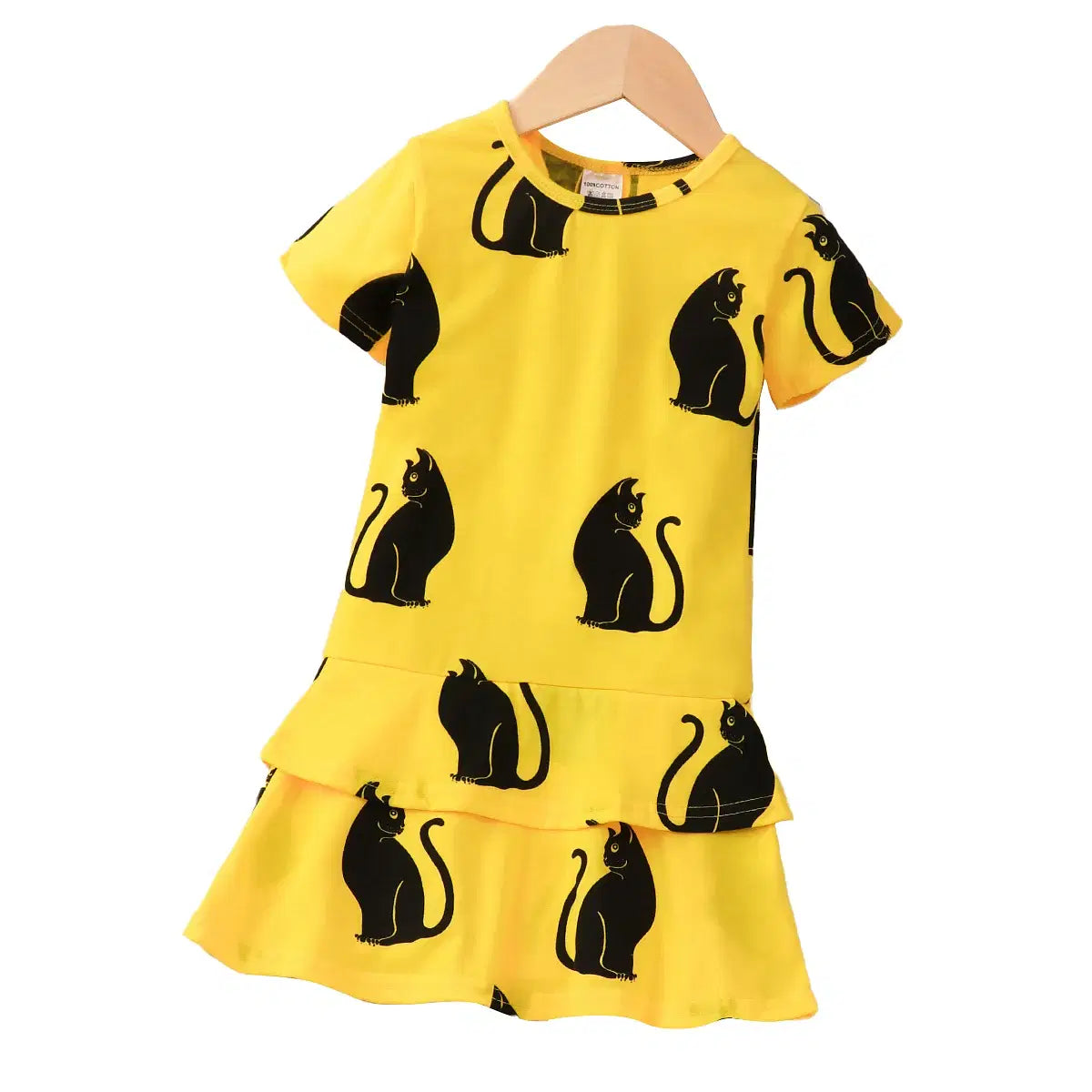 Color: Yellow, Kid Size: 3T - 2024 Children Dress Summer Girl Kids Dress for Very Elegant Party Black Cat Print Splice Belted A-line Skirt Girl Clothing