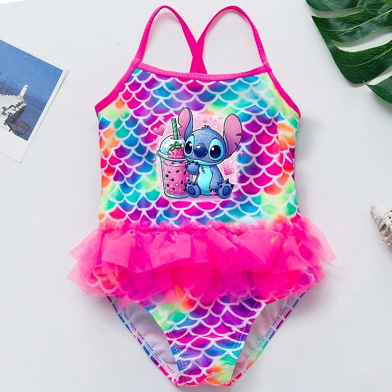 Color: WHITE, Kid Size: 12M - Lilo Stitch Girl Swimsuit Summer One-Piece Swimwear Beachwear Pool Mermaid Fish Scale Print Bikini Bathing Outfit Swimming Wear