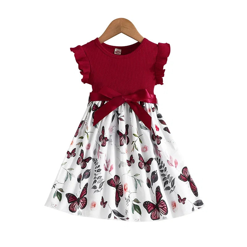 Color: Red, Kid Size: 7T - Set For Kids  Girl 3-7 Years old Ruffled Sleeve Butterfly Floral Tulle Cute Princess Formal Dresses with Belt Ootd For Baby Girl