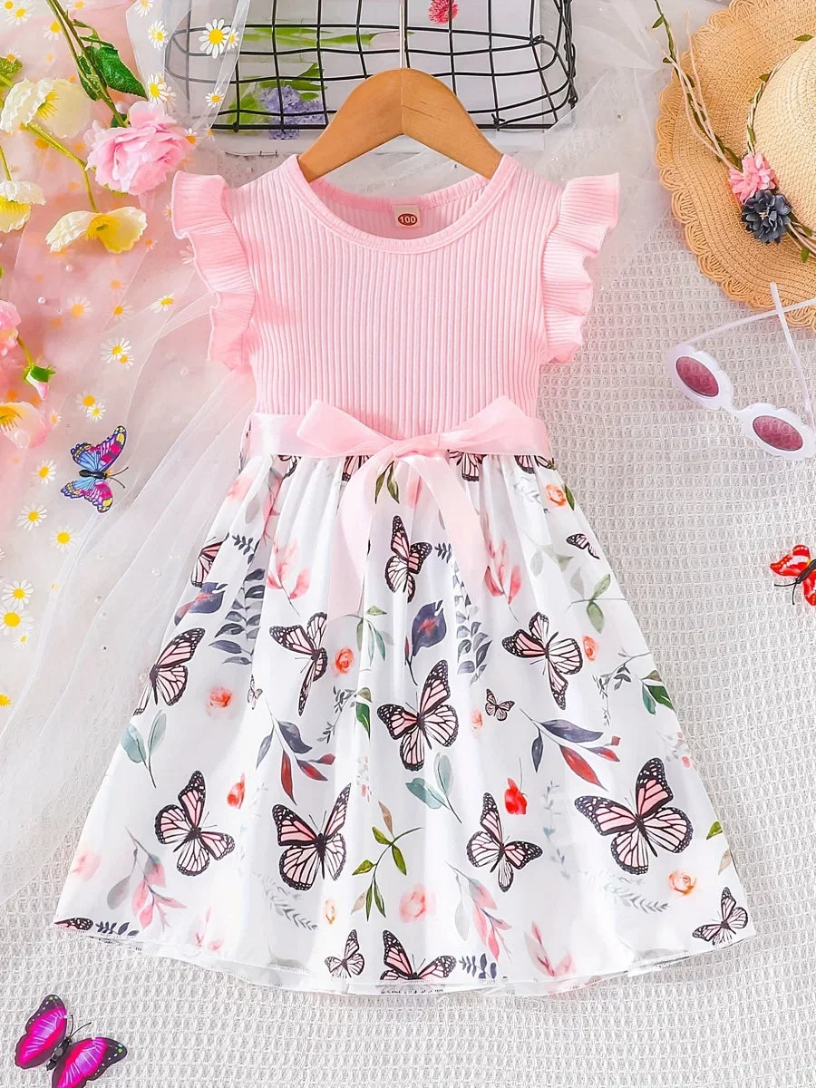 Color: Red, Kid Size: 7T - Set For Kids  Girl 3-7 Years old Ruffled Sleeve Butterfly Floral Tulle Cute Princess Formal Dresses with Belt Ootd For Baby Girl