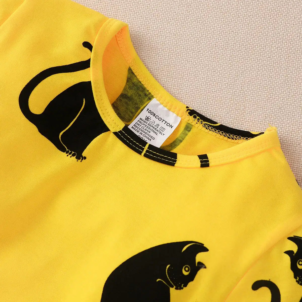 Color: Yellow, Kid Size: 3T - 2024 Children Dress Summer Girl Kids Dress for Very Elegant Party Black Cat Print Splice Belted A-line Skirt Girl Clothing