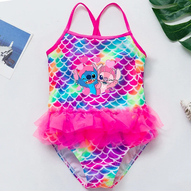Color: WHITE, Kid Size: 12M - Lilo Stitch Girl Swimsuit Summer One-Piece Swimwear Beachwear Pool Mermaid Fish Scale Print Bikini Bathing Outfit Swimming Wear
