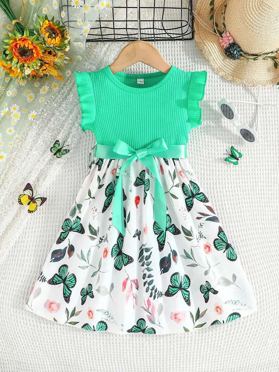 Color: Red, Kid Size: 7T - Set For Kids  Girl 3-7 Years old Ruffled Sleeve Butterfly Floral Tulle Cute Princess Formal Dresses with Belt Ootd For Baby Girl