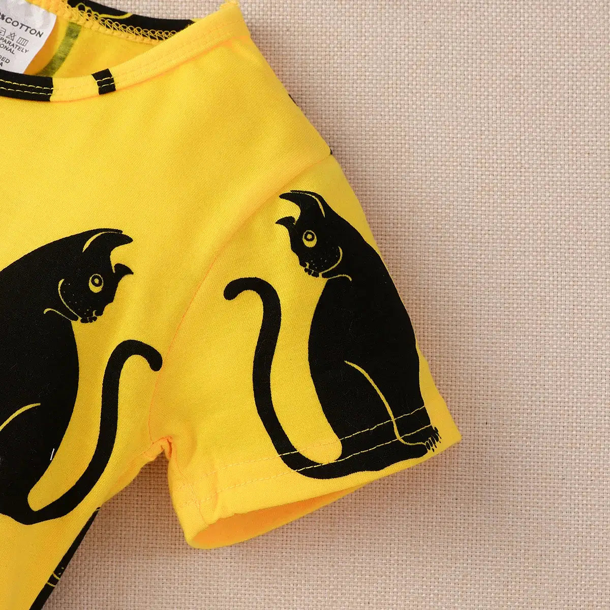 Color: Yellow, Kid Size: 3T - 2024 Children Dress Summer Girl Kids Dress for Very Elegant Party Black Cat Print Splice Belted A-line Skirt Girl Clothing