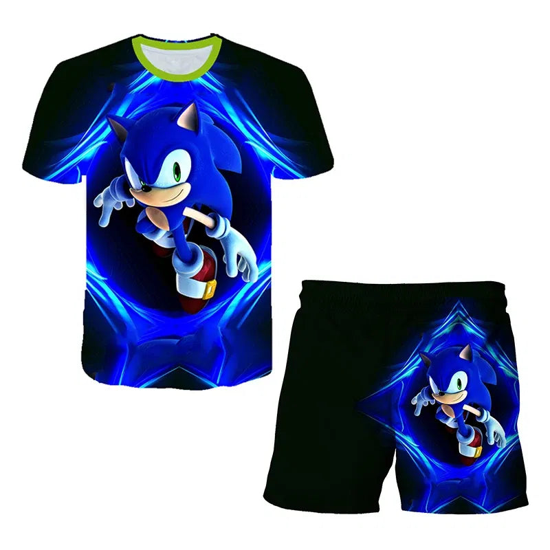 Color: Pink, Size: M - New Japanese cartoon Sonic T-shirt children's top T-shirt shorts two-piece set summer boy cartoon cute T-shirt+beach pants